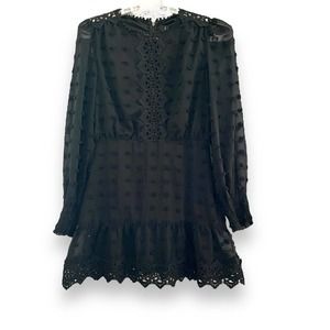 Lulus Black Sheer Sleeve Mini Dress Swiss Dot and eyelet Lace Women's Medium